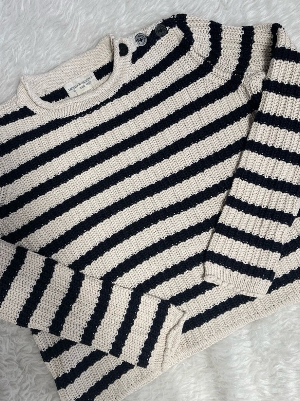 Denim & Supply Ralph Lauren Black and Cream Striped Crewneck Sweater nautical